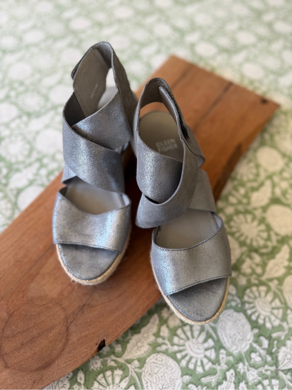 Eileen Fisher Metallic Silver Crisscross Wedge Sandals